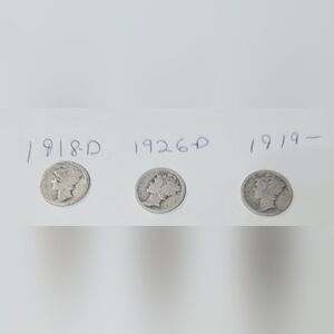 Md3 Set of 3 Silver Mercury Dimes: 1918 D, 1919 & 1926 D